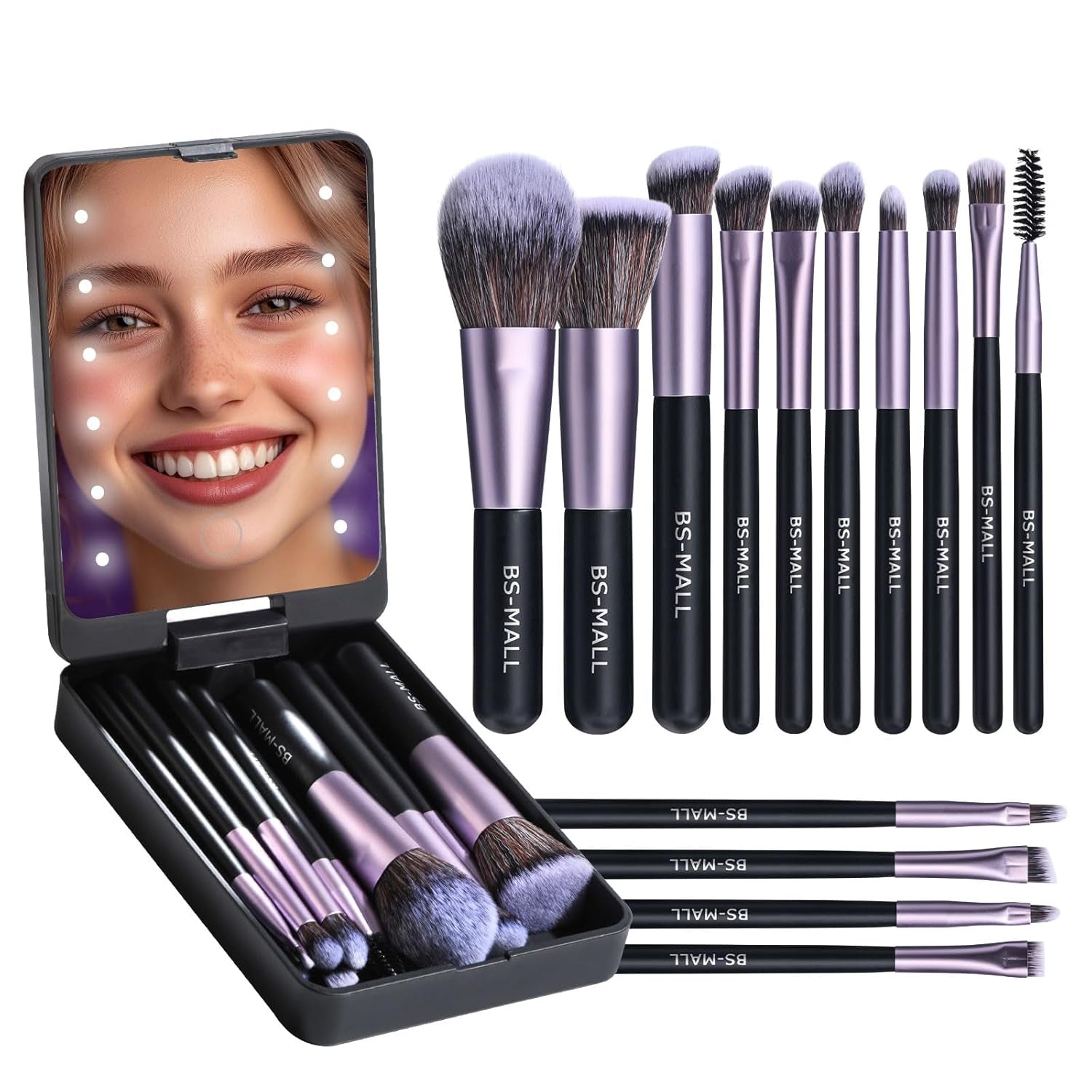 Travel Makeup Brush Set Foundation Powder Concealers Eye Shadows Makeup Set with LED Light Mirror 14 Pcs Mini Makeup Brushes (APINK)