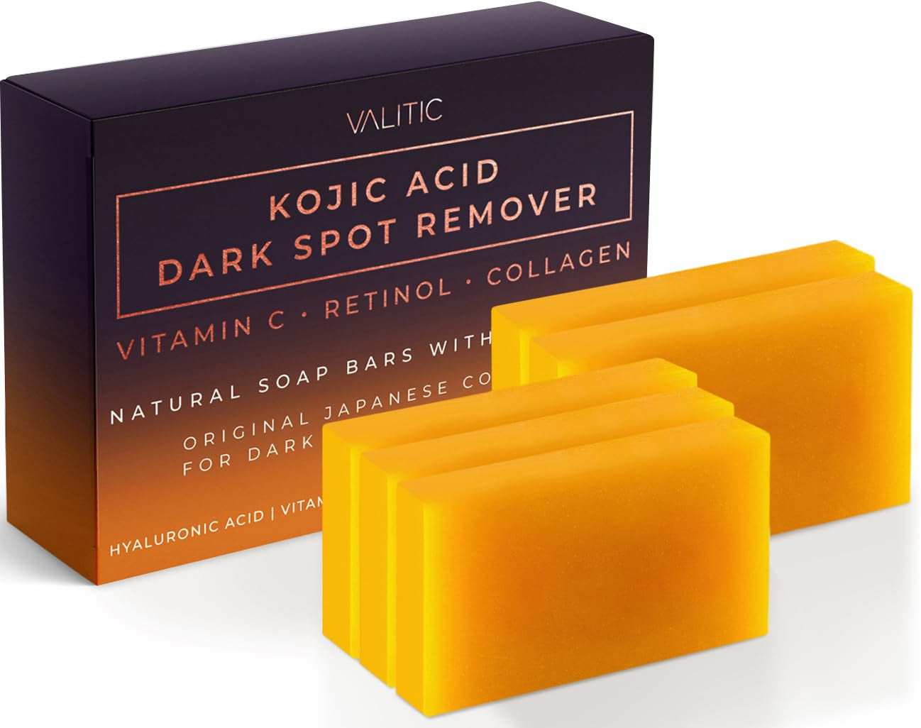 Kojic Acid Dark Spot Remover Soap Bars with Vitamin C, Retinol, Collagen, Turmeric - Original Japanese Complex Infused with Hyaluronic Acid, Vitamin E, Shea Butter, Castile Olive Oil (2 Pack)