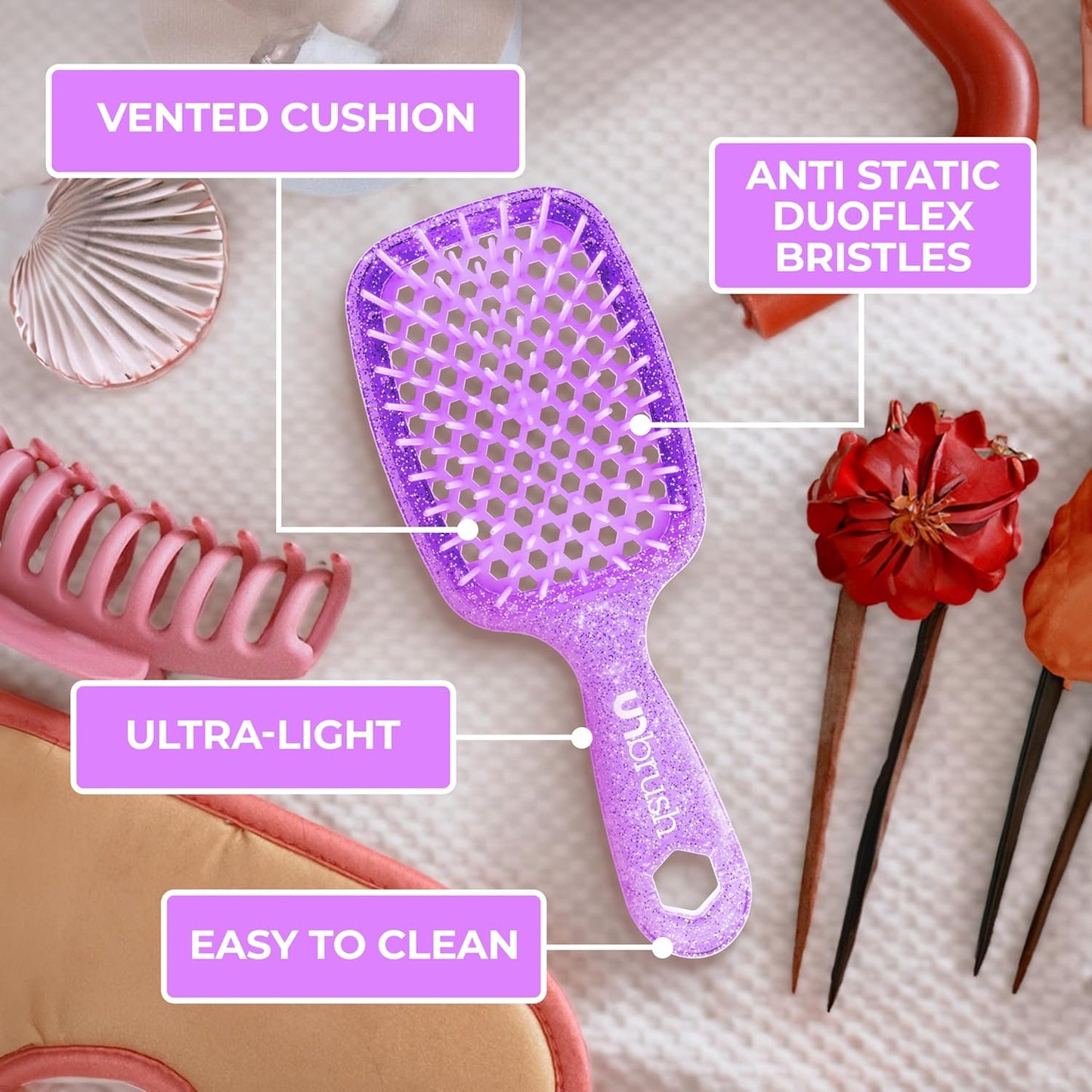 Unbrush Detangling Brush for Pain-Free Brushing on All Wet or Dry Hair Types — Durable Duoflex Anti-Static Bristles, Lightweight Handle, Vented Hair Brush