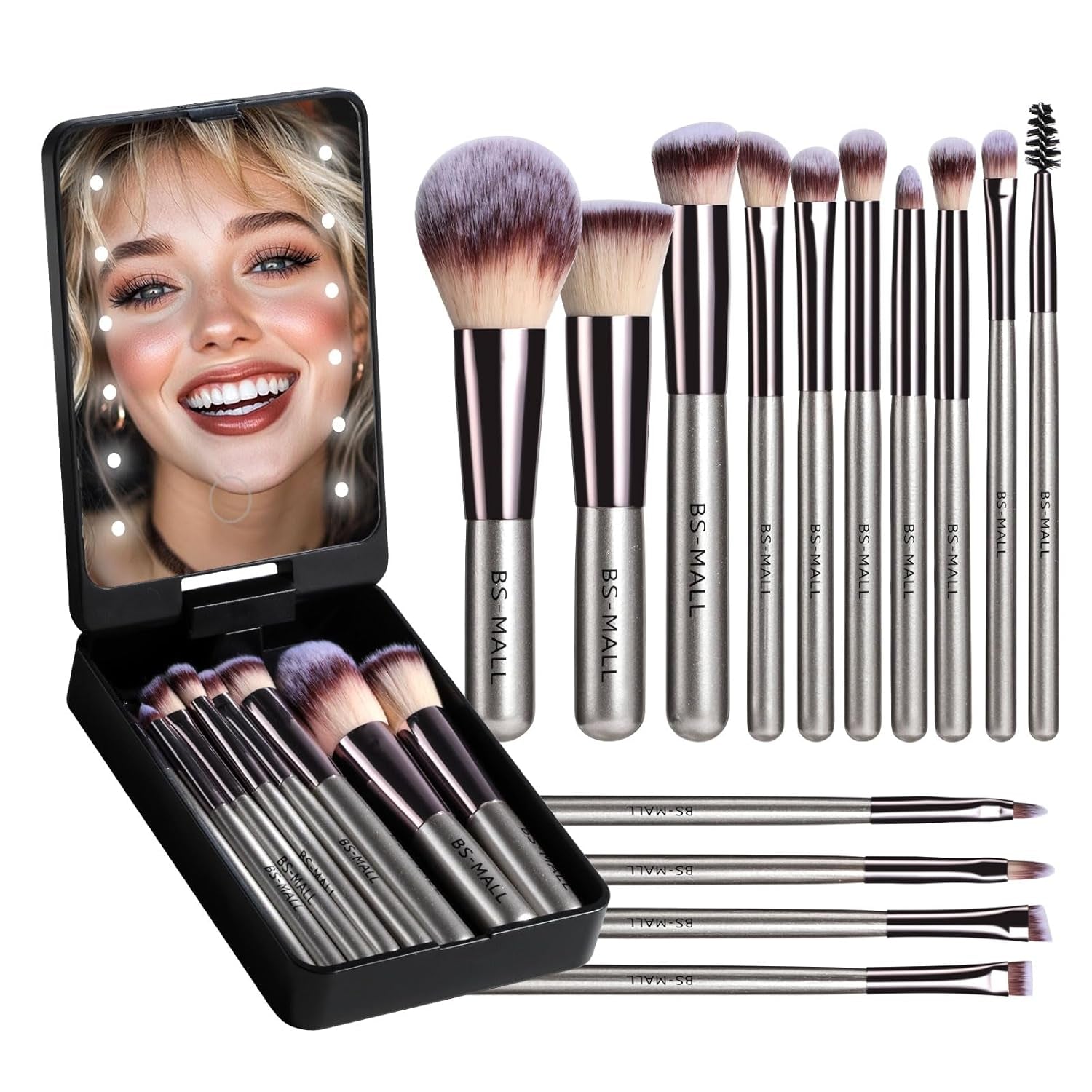 Travel Makeup Brush Set Foundation Powder Concealers Eye Shadows Makeup Set with LED Light Mirror 14 Pcs Mini Makeup Brushes (APINK)