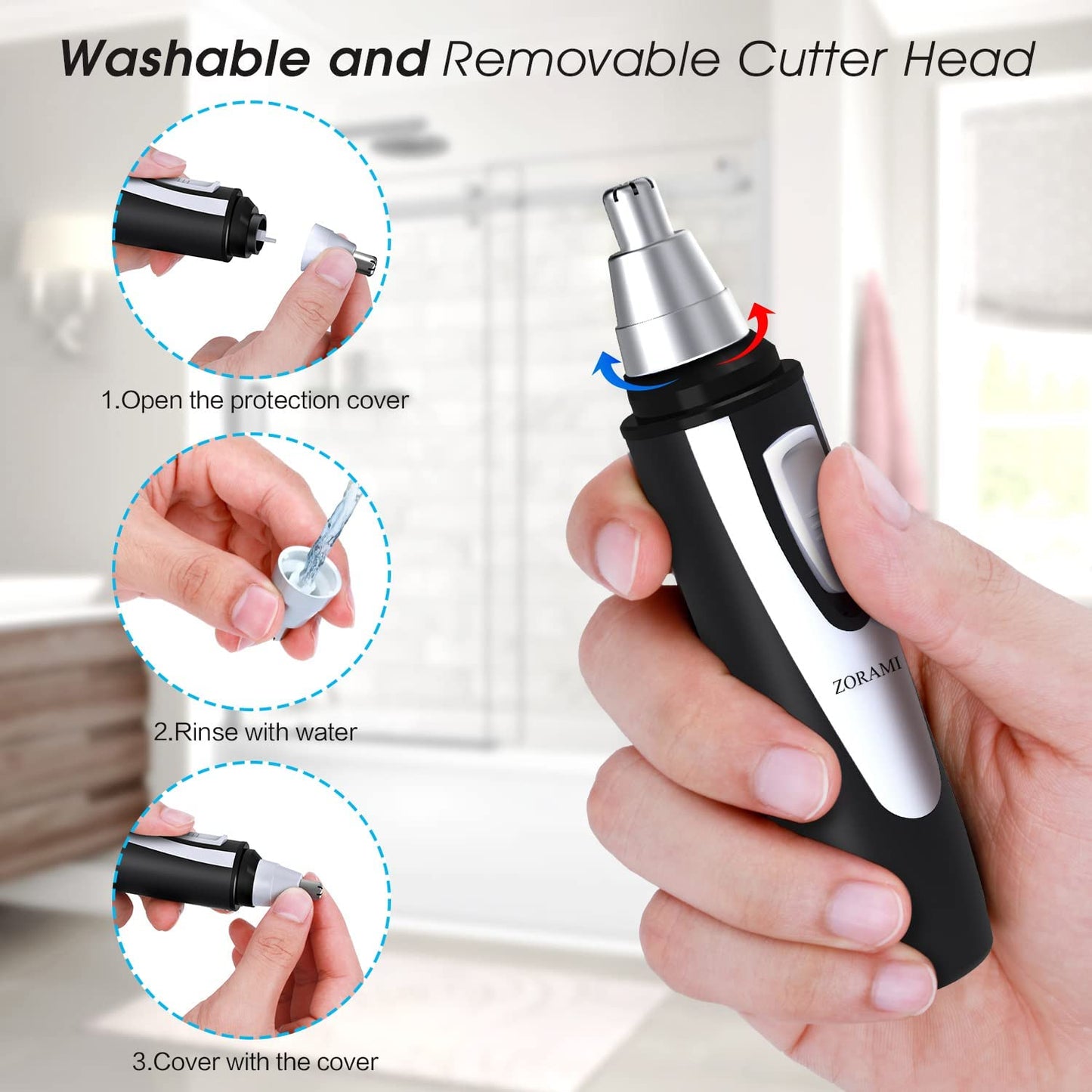 Ear and Nose Hair Trimmer Clipper - 2025 Professional Painless Eyebrow & Facial Hair Trimmer for Men Women,Battery-Operated Trimmer with IPX7 Waterproof,Dual Edge Blades for Easy Cleansing Black