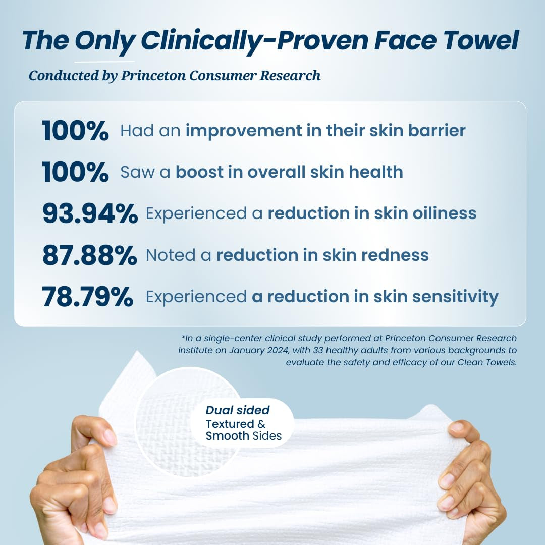 Clean Towels XL™, 100% USDA Biobased Face Towel, Disposable Face Towelette, Eczema Association Accepted, Makeup Remover Dry Wipes, Ultra Soft, 50 Ct, 1 Pack