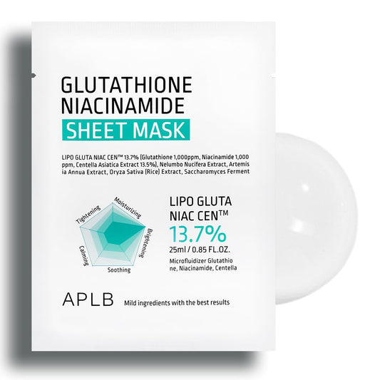 Glutathione Niacinamide Sheet Mask 10Pcs | LIPO GLUTA NIAC CEN™ 13.7% 0.85 Fl.Oz/Korean Skincare, Deep Hydration & Soothing, Sensitive Skin, Improve Skin Elasticity