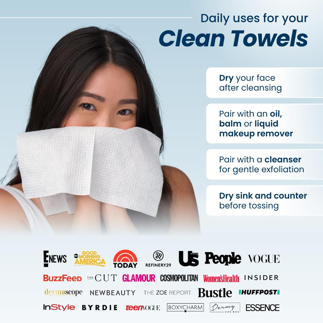 Clean Towels XL™, 100% USDA Biobased Face Towel, Disposable Face Towelette, Eczema Association Accepted, Makeup Remover Dry Wipes, Ultra Soft, 50 Ct, 1 Pack