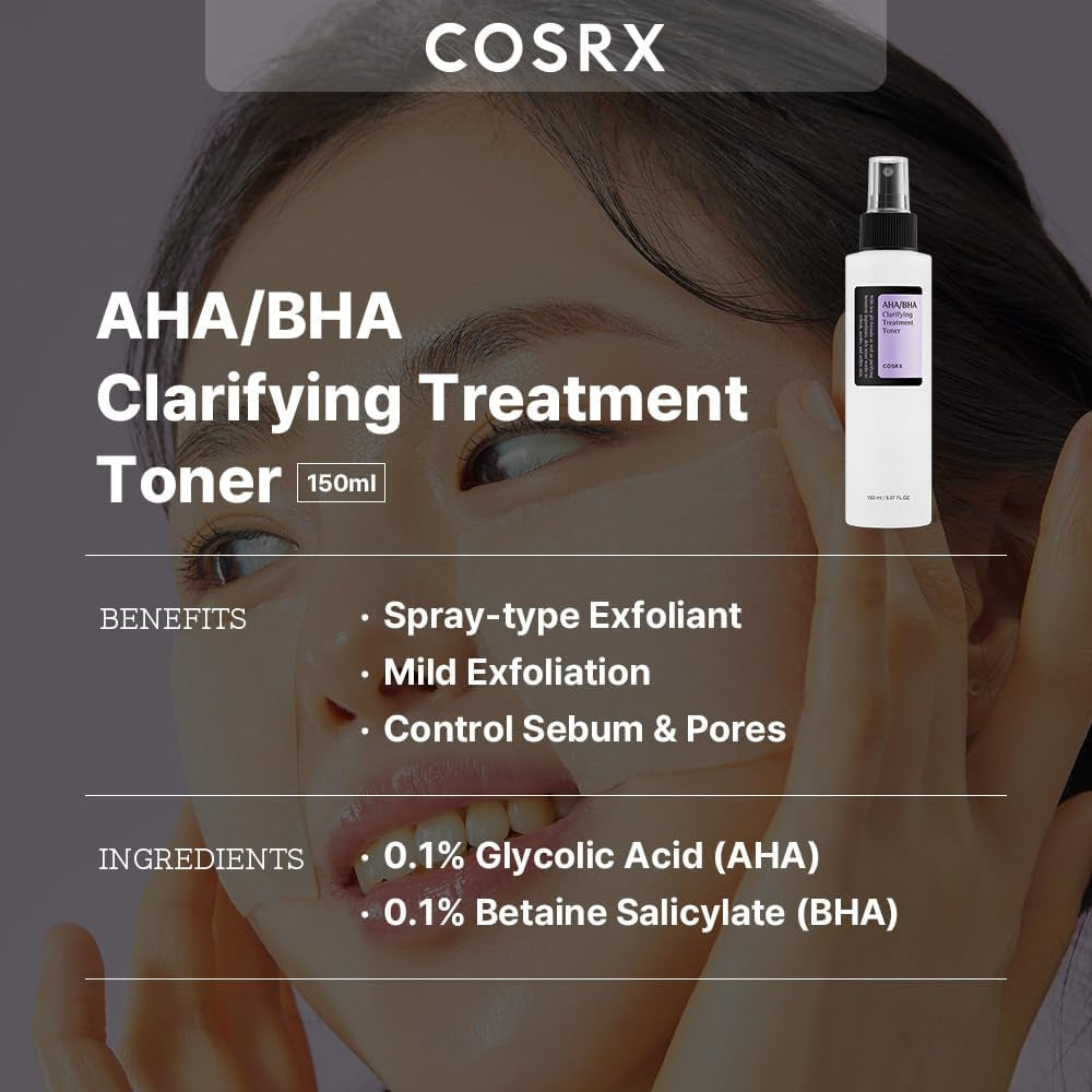 AHA/BHA Treatment Toner 5.07 Fl.Oz/ 150Ml, Facial Exfoliating Spray for Whiteheads, Pores, & Uneven Skin, Korean Toner, Not Tested on Animals, No Parabens, No Sulfates, Korean Skin Care