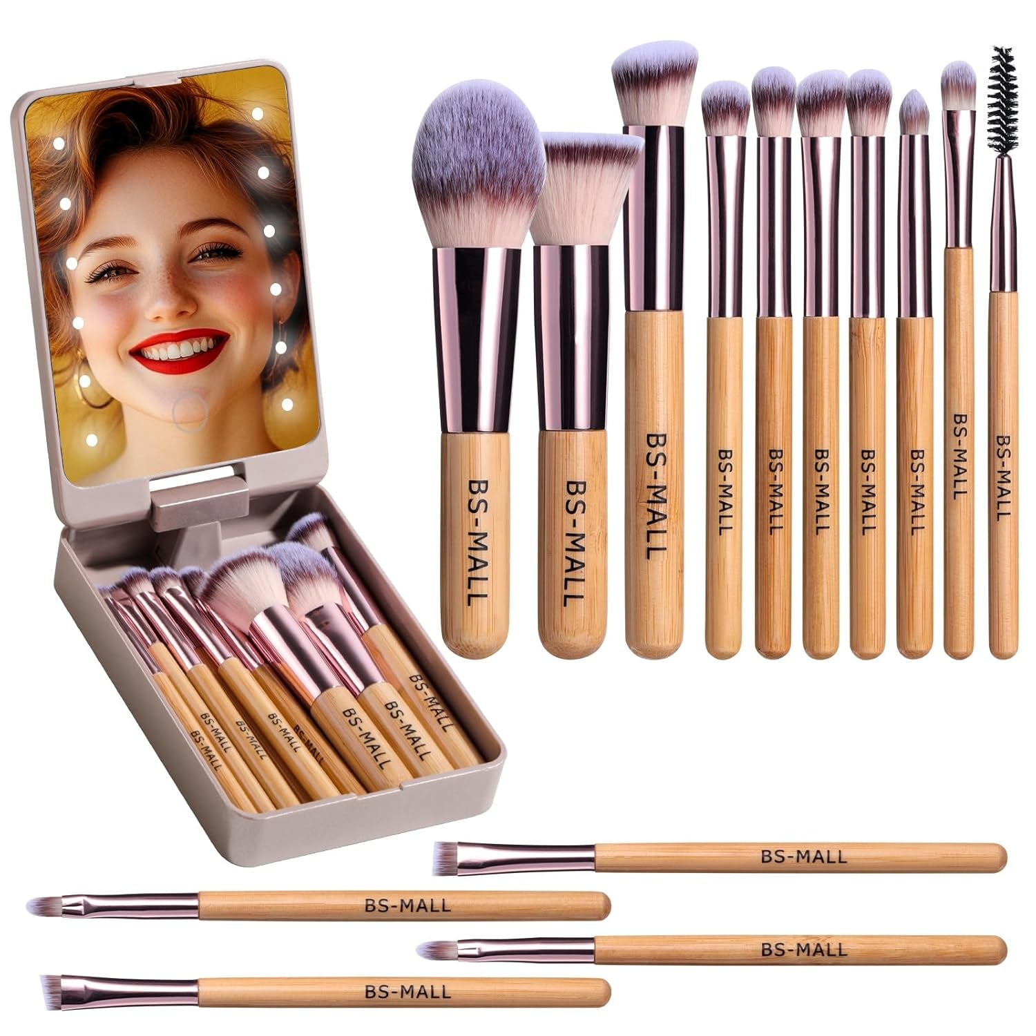 Travel Makeup Brush Set Foundation Powder Concealers Eye Shadows Makeup Set with LED Light Mirror 14 Pcs Mini Makeup Brushes (APINK)