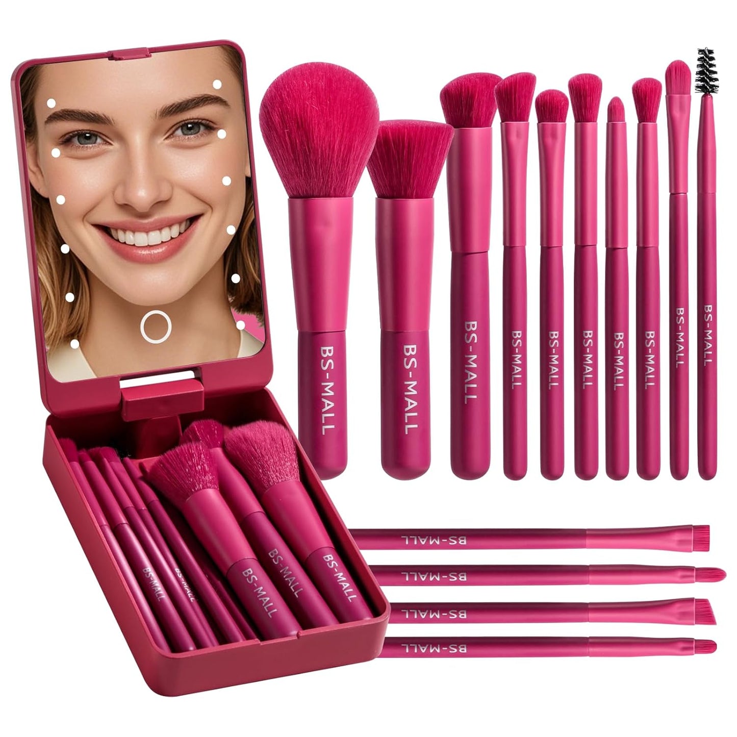 Travel Makeup Brush Set Foundation Powder Concealers Eye Shadows Makeup Set with LED Light Mirror 14 Pcs Mini Makeup Brushes (APINK)